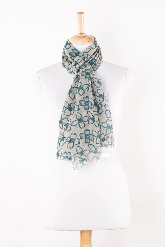 Flower Print Linen Cotton Scarf - Blue