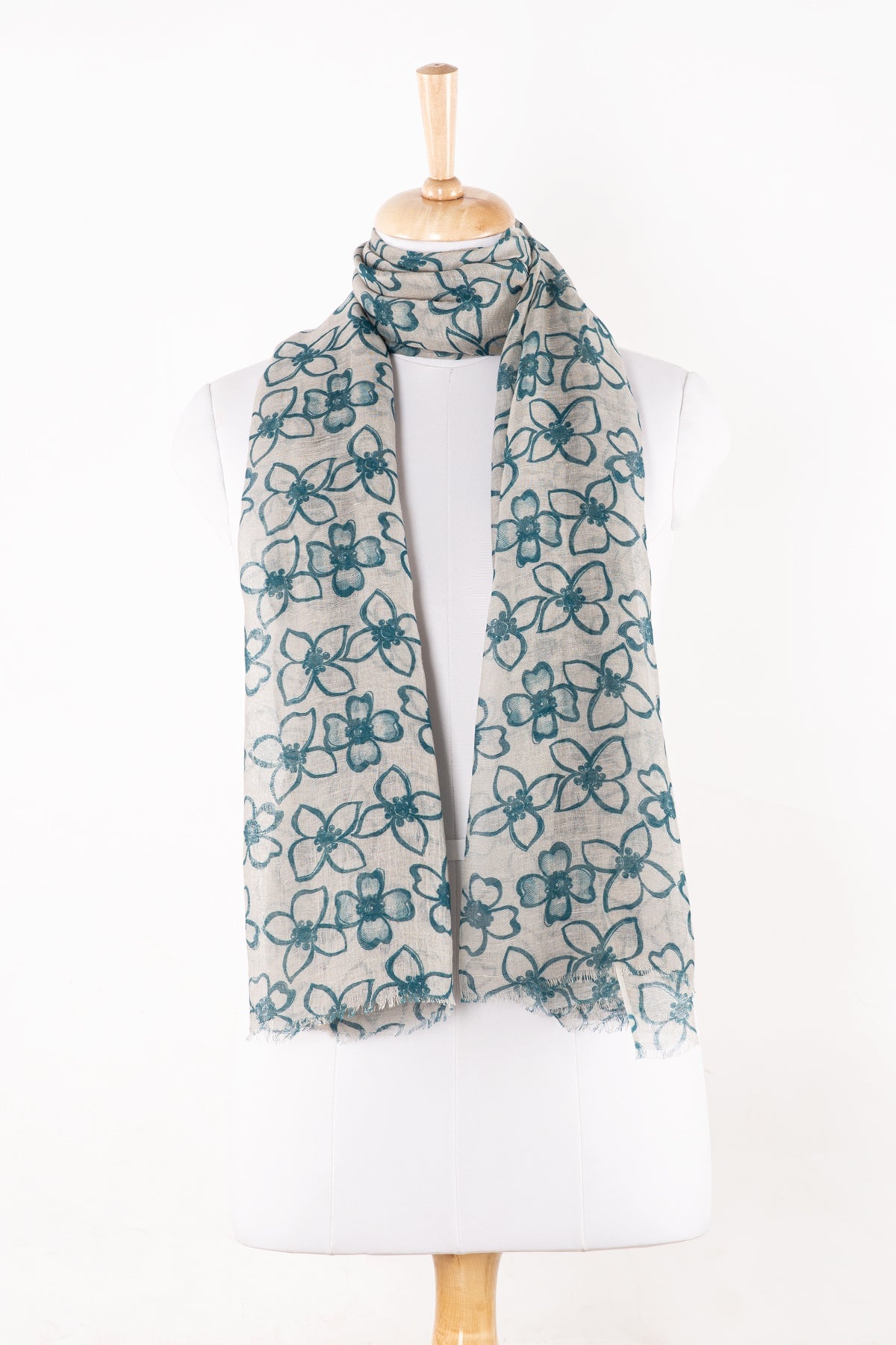 Flower Print Linen Cotton Scarf - Blue