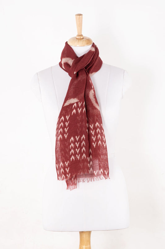 Circle and Chevron Square Print Linen Cotton Scarf - Terracotta