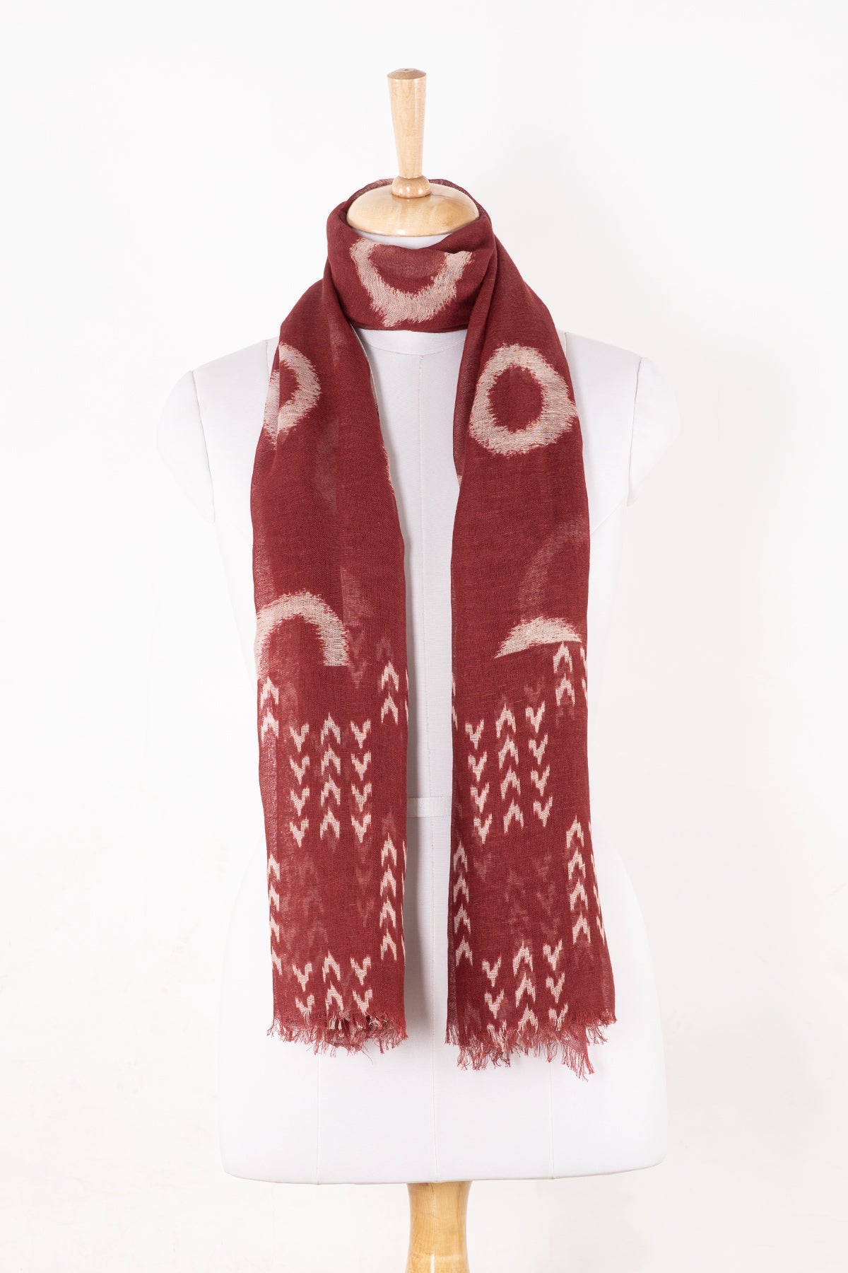 Circle and Chevron Square Print Linen Cotton Scarf - Terracotta
