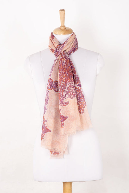 Intricate Traditional Motif Cotton Modal Scarf - Peach Orange Purple