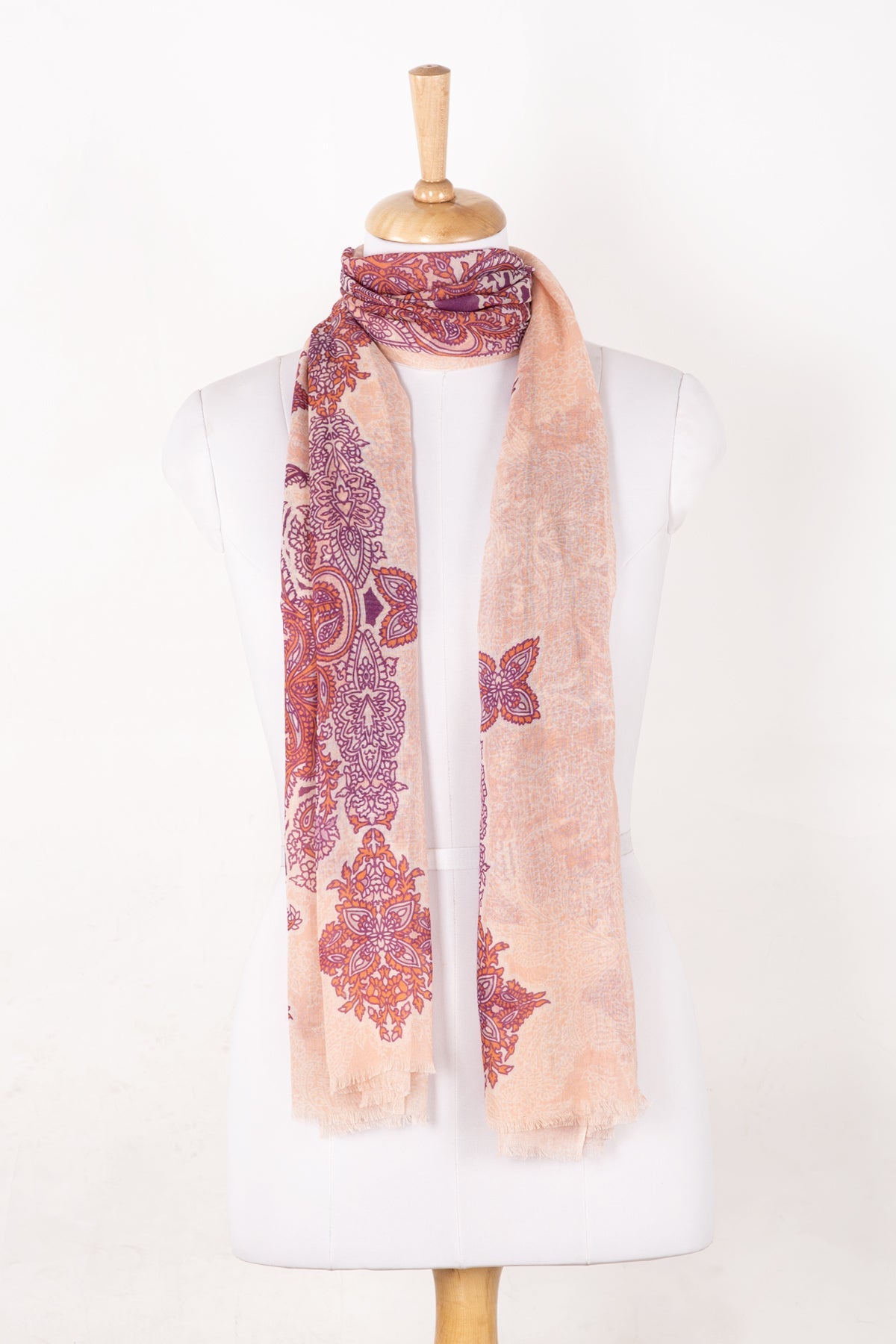 Intricate Traditional Motif Cotton Modal Scarf - Peach Orange Purple