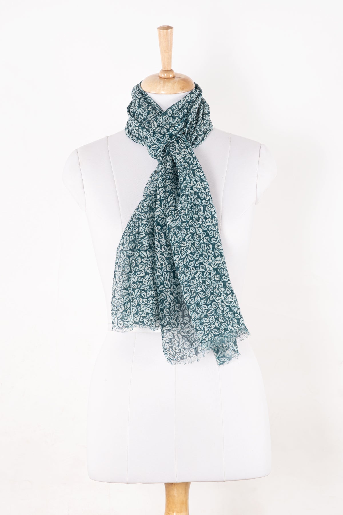 Leaf Print Linen Cotton Scarf - Teal