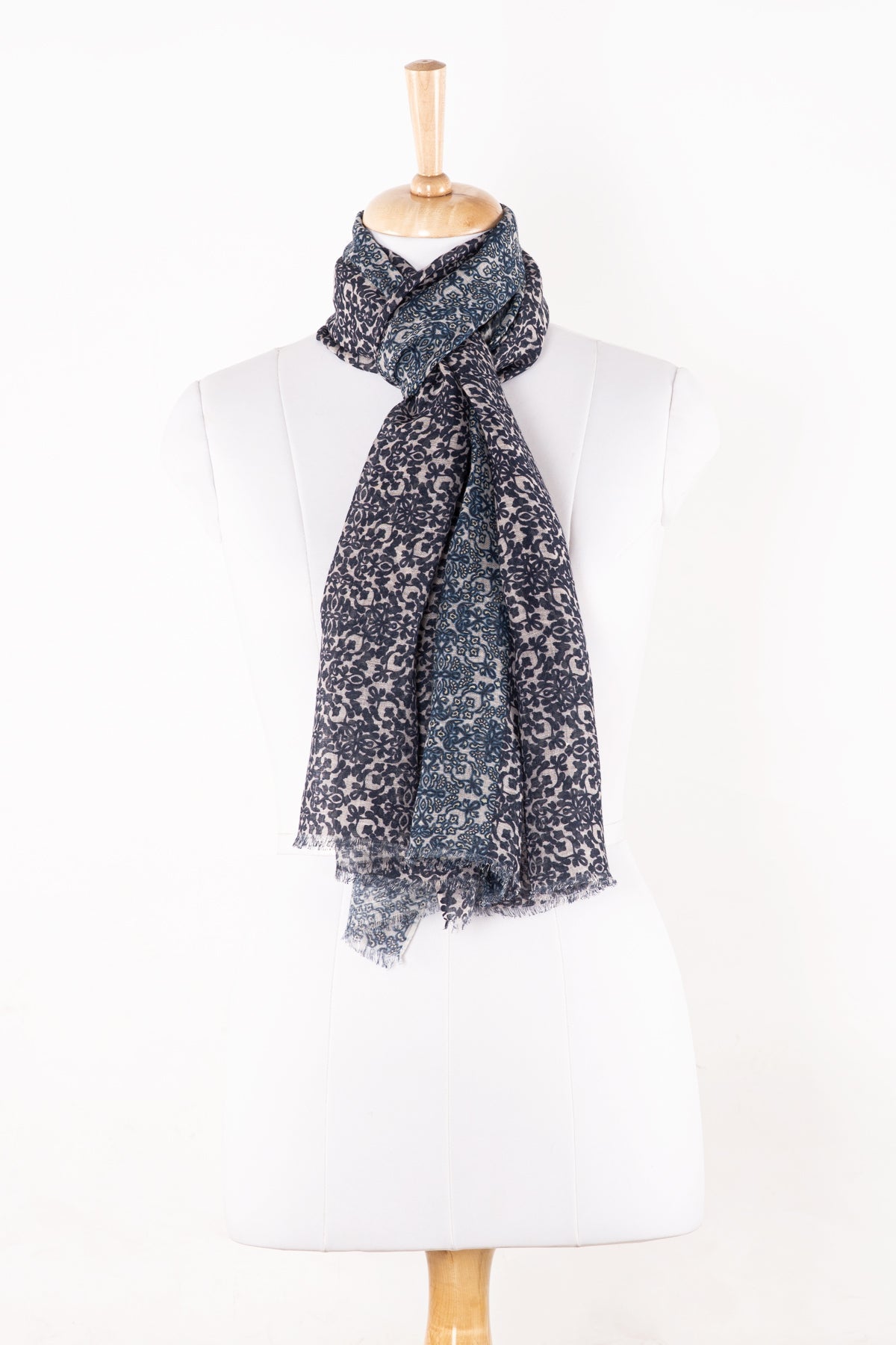 Floral Tile Print Linen Cotton Scarf - Navy Cement