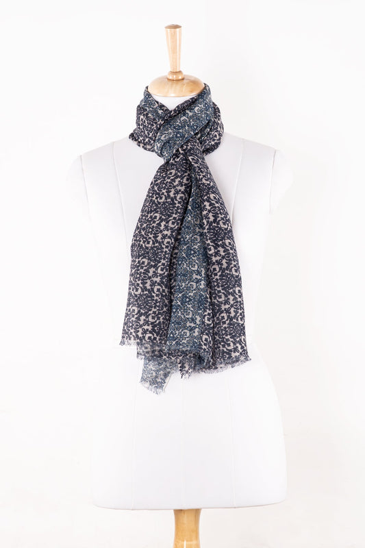 Floral Tile Print Linen Cotton Scarf - Navy Cement