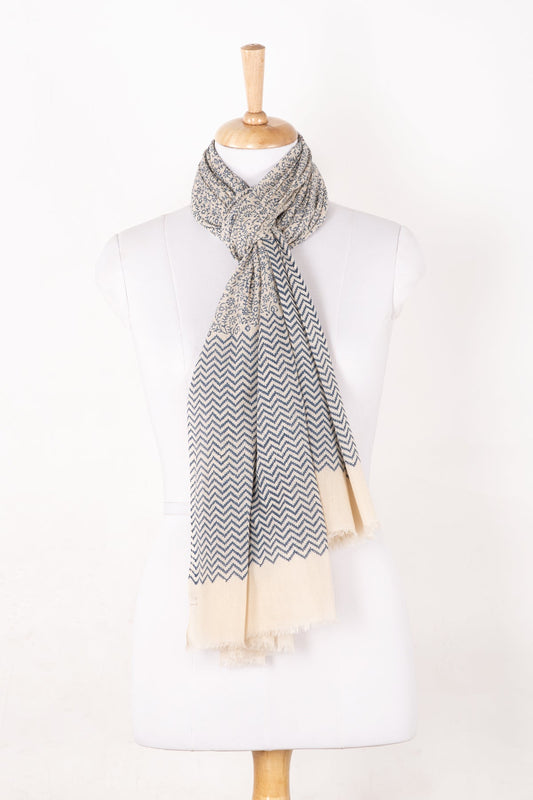 Floral and Chevron Print Cotton Scarf - Dark Night Ecru
