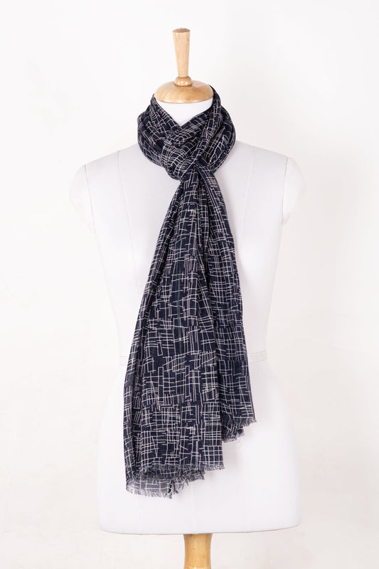 Busy Strokes Print Cotton Modal Scarf - Navy
