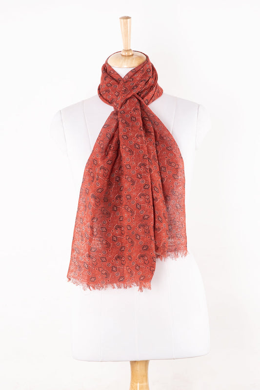 Ditsy Paisley and Flower Print Linen Cotton Scarf - Crimson