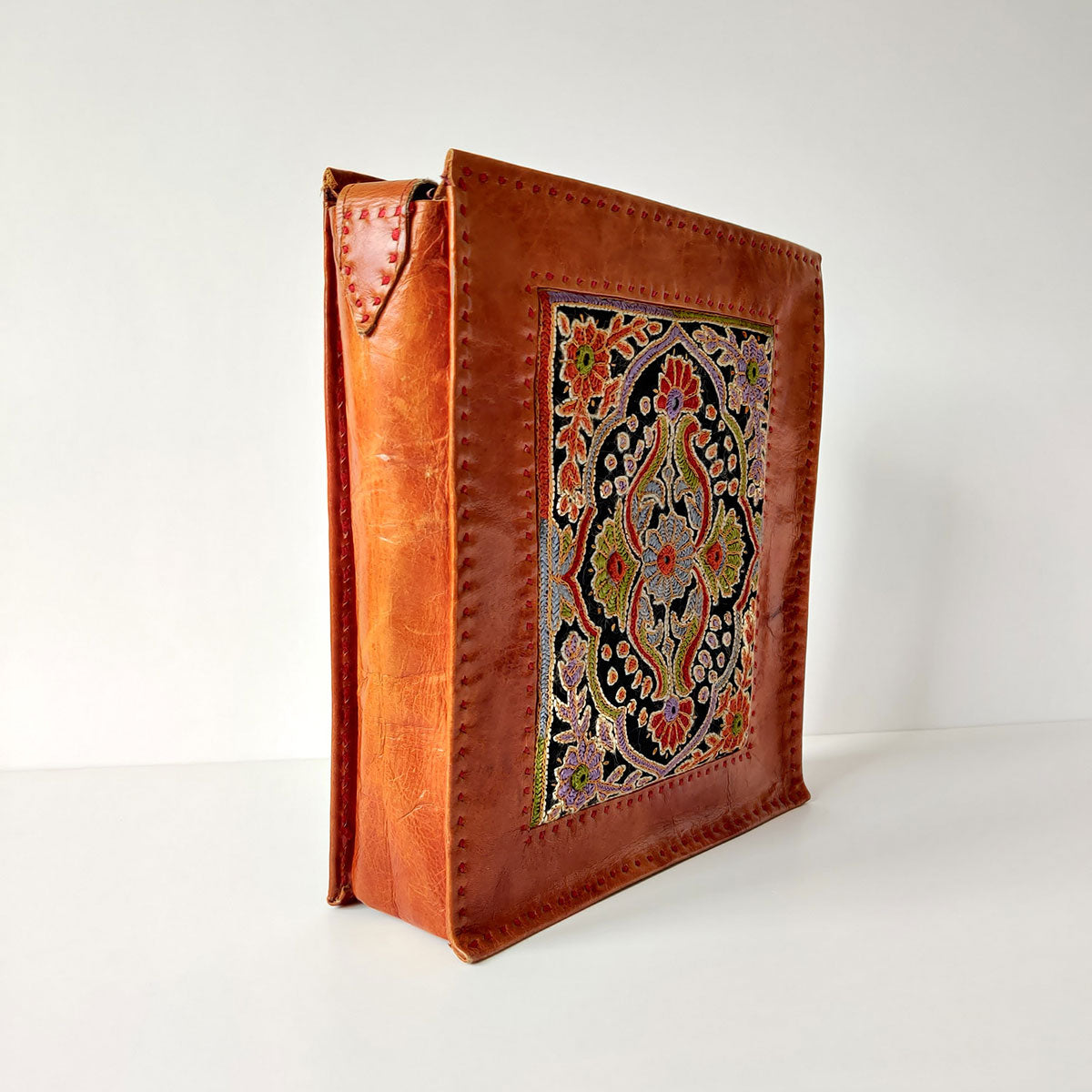 Intricate Embroidery Camel Leather Handbag