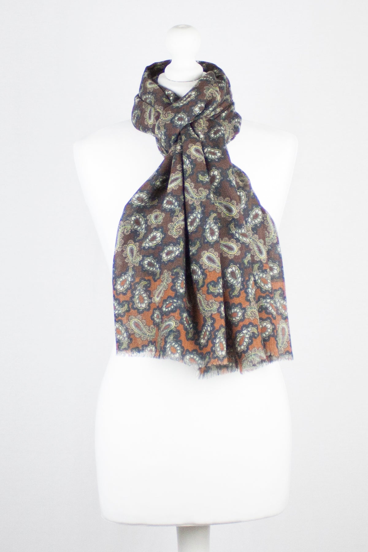 All Over Paisley Print Merino Wool Scarf - Brown Navy