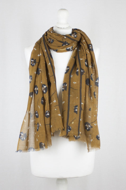 Poppy Flower Merino Wool Scarf - Ochre