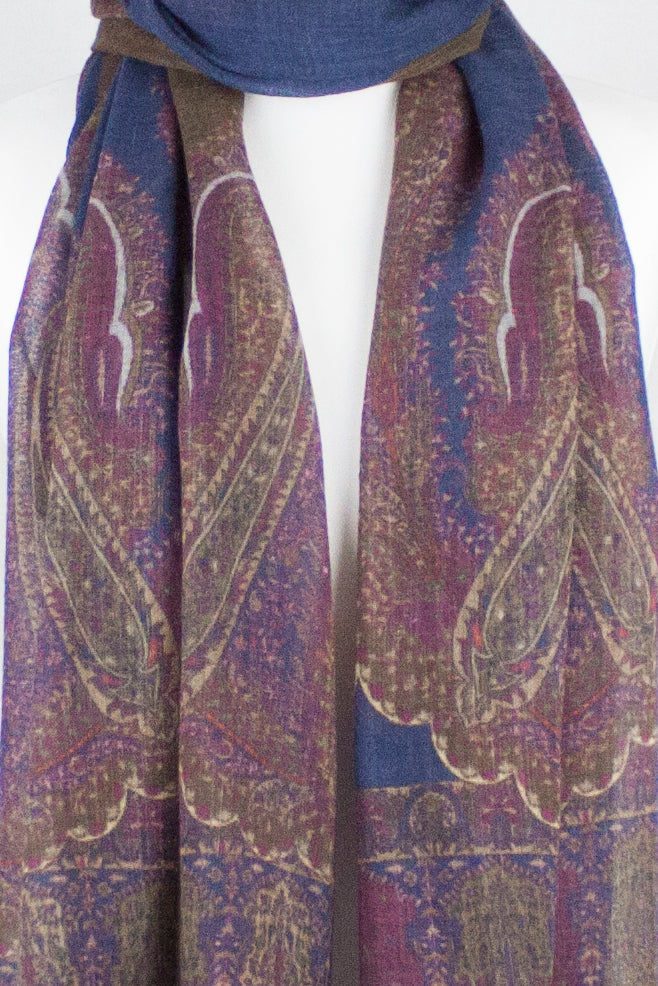 Persian Paisley Print Merino Wool Scarf - Navy Magenta Brown