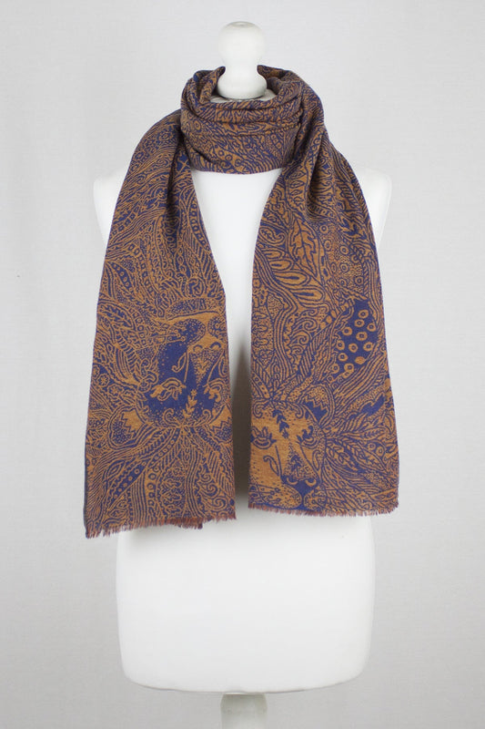 Dark Night Cheetah Jacquard Merino Wool Scarf - Navy Orange