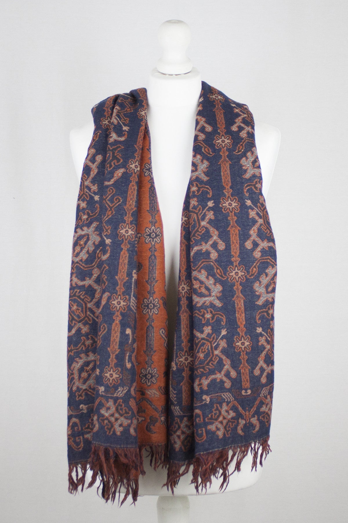 Jamdani Motif Jacquard Merino Wool Scarf - Navy Orange