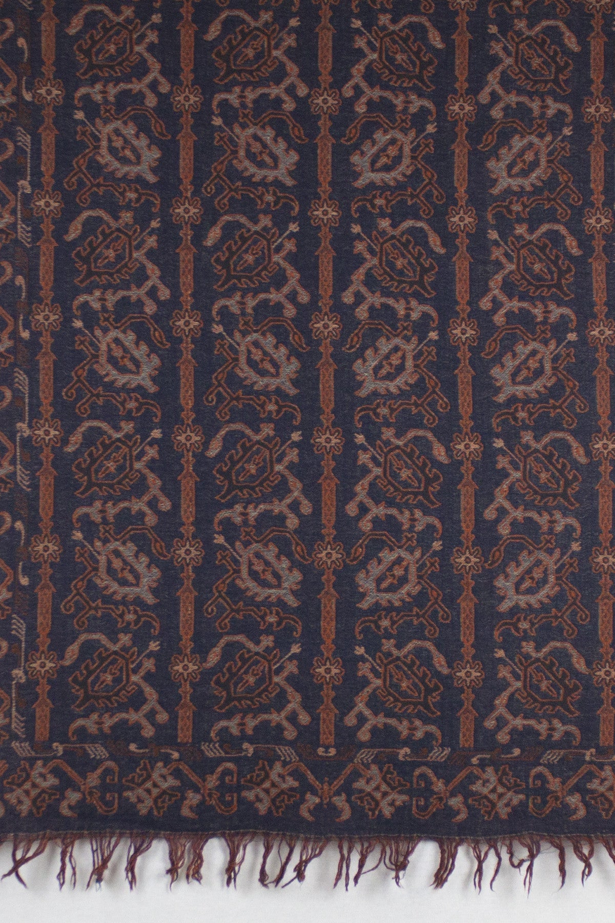 Jamdani Motif Jacquard Merino Wool Scarf - Navy Orange