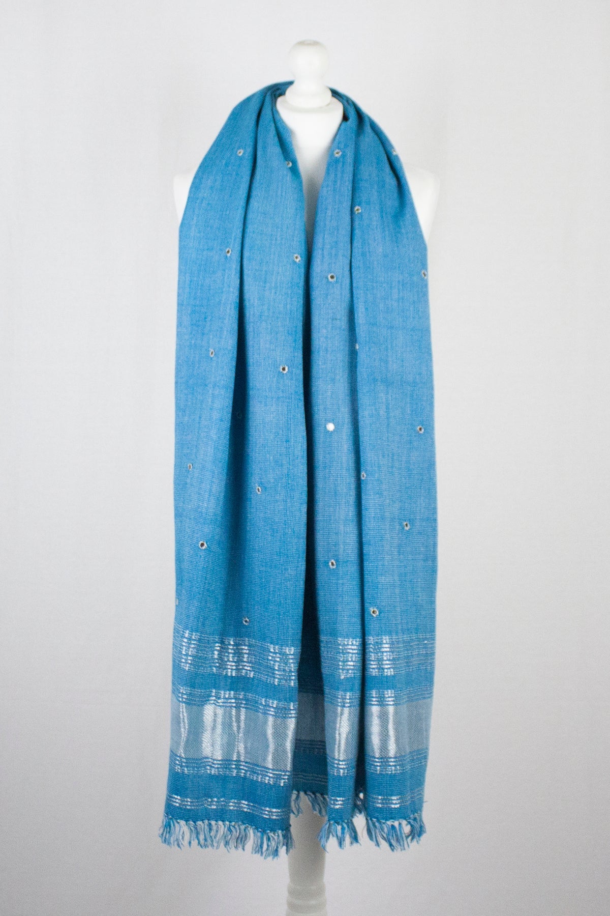 Mirror Work Lurex Border Wool Shawl - Turquoise