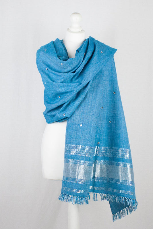 Mirror Work Lurex Border Wool Shawl - Turquoise