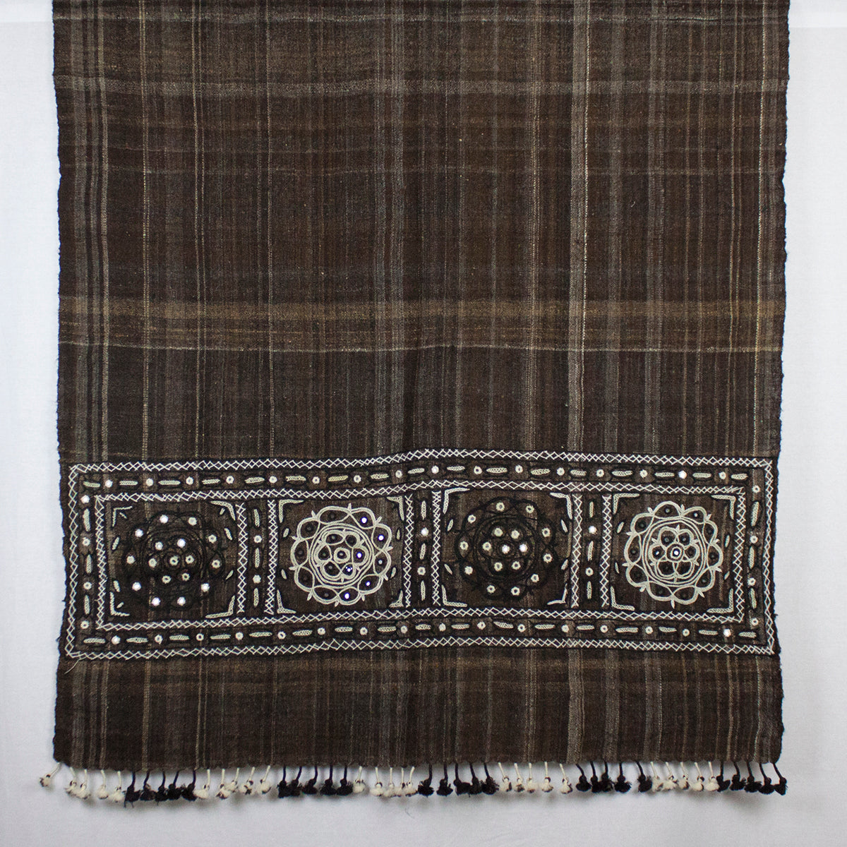 Handspun Handwoven Rabari Embroidered Wool Shawl - Brown