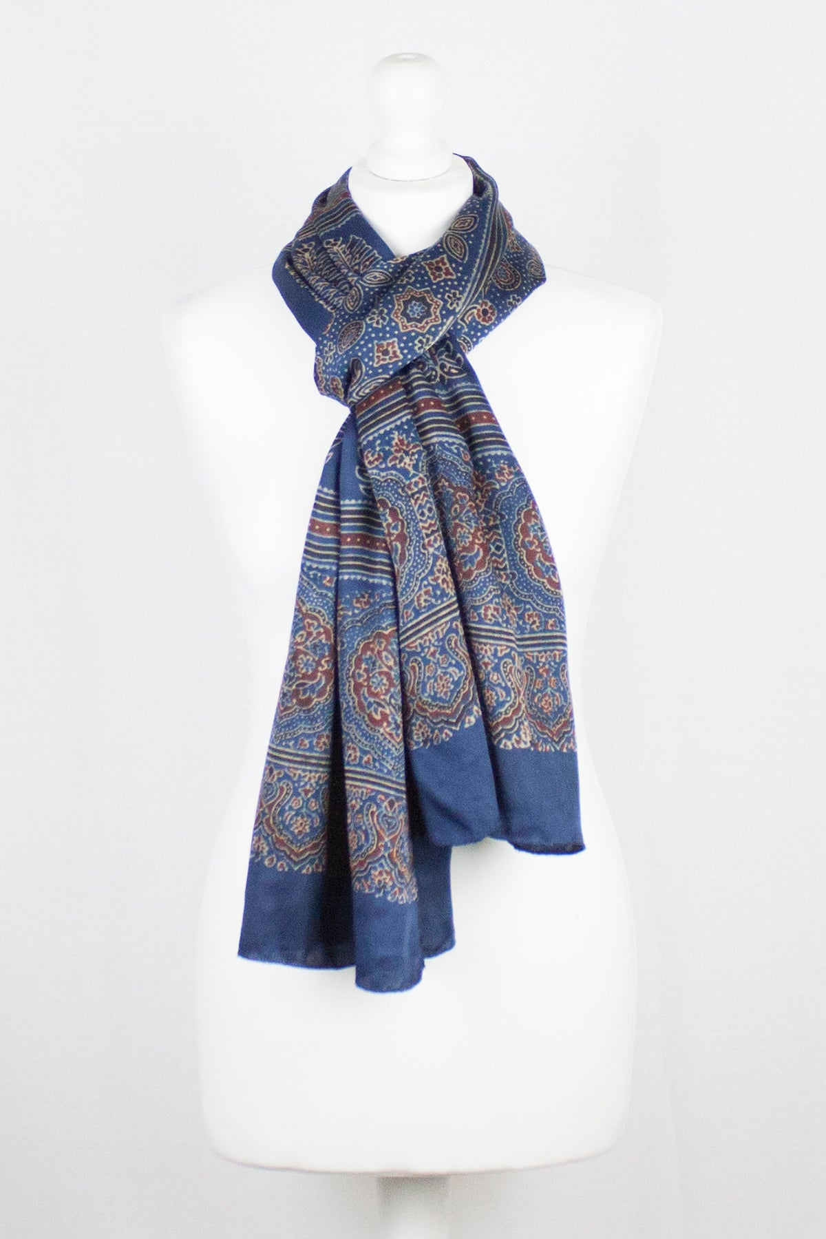 Traditional Geometric & Paisley Ajrakh Block Print Scarf - Blue Red