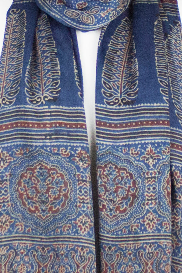 Traditional Geometric & Paisley Ajrakh Block Print Scarf - Blue Red