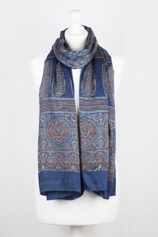 Traditional Geometric & Paisley Ajrakh Block Print Scarf - Blue Red