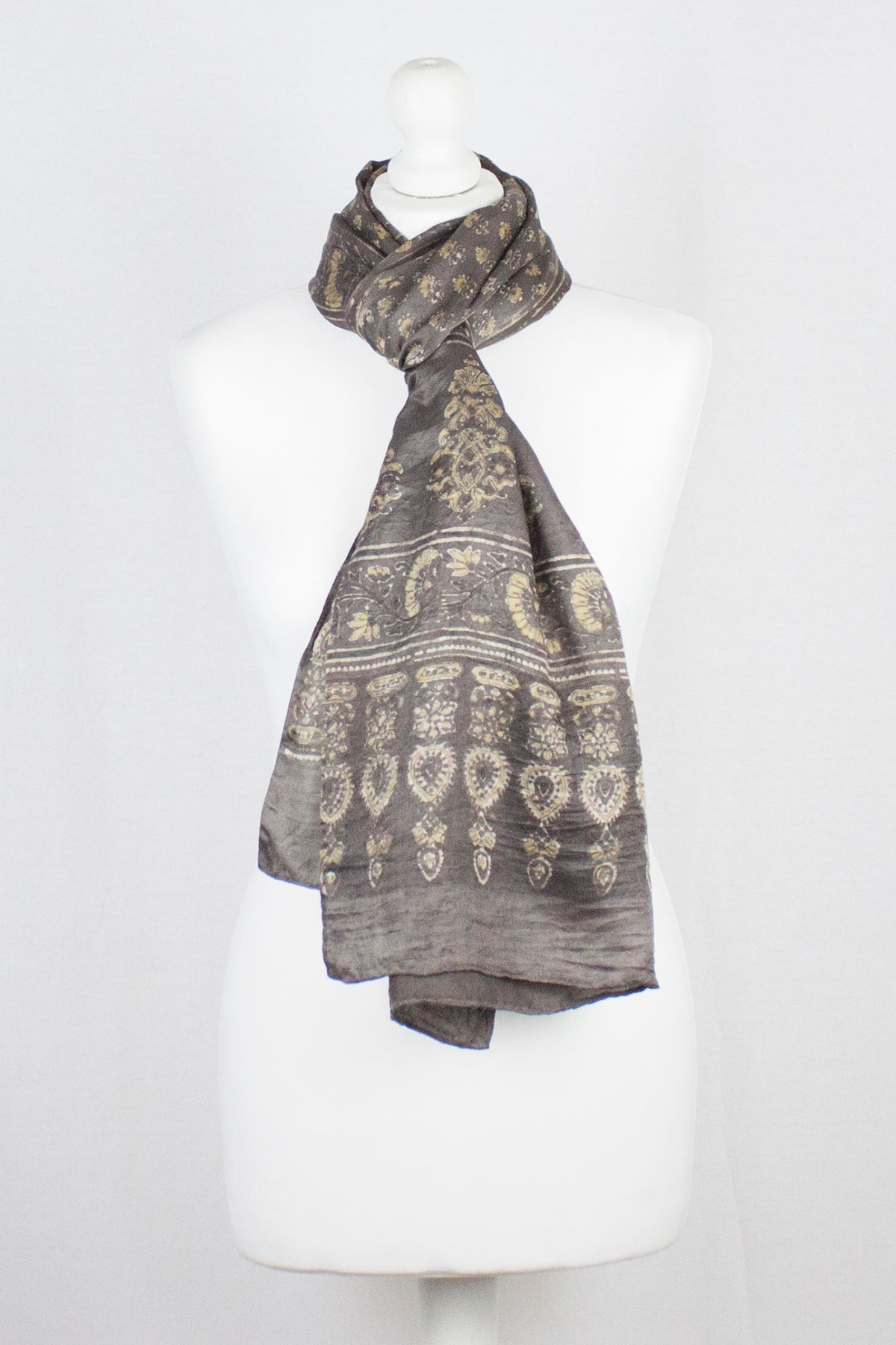 Ditsy Flower Ajrakh Print Silk Scarf - Brown Yellow