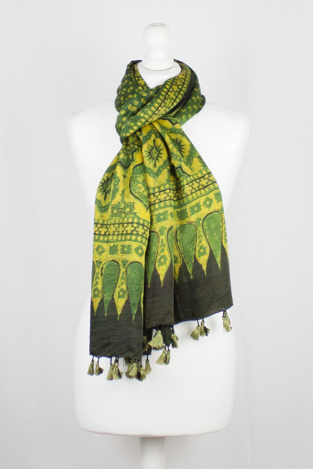 Ditsy Flower Ajrakh Block Print Silk Scarf - Green Yellow