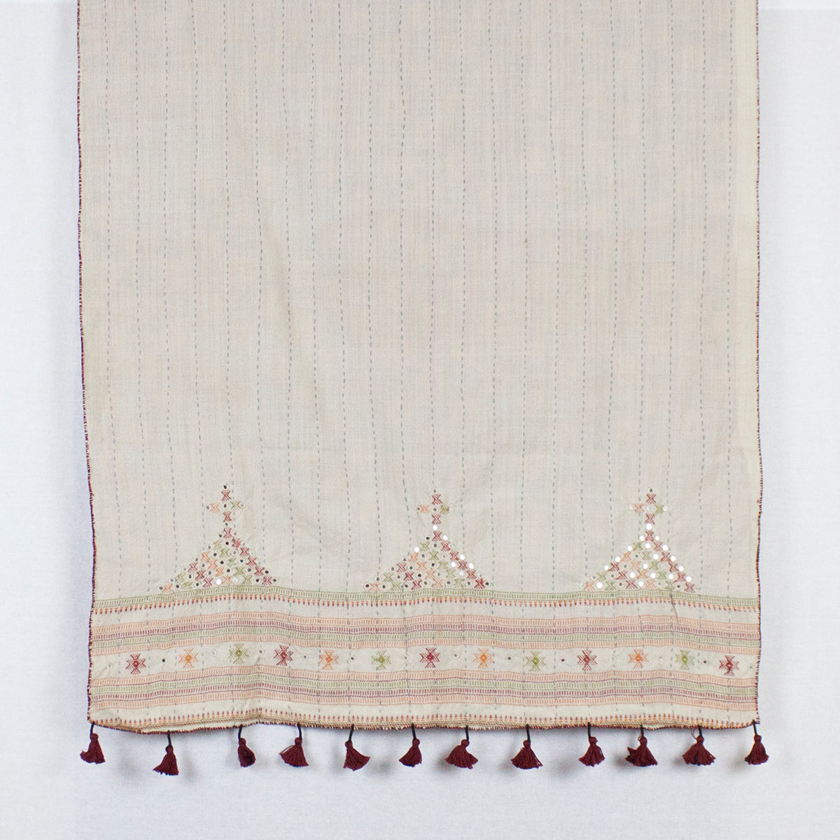 Double Sided Ajrakh Print Silk and Woolen Embroidered Scarf - Orange Off White