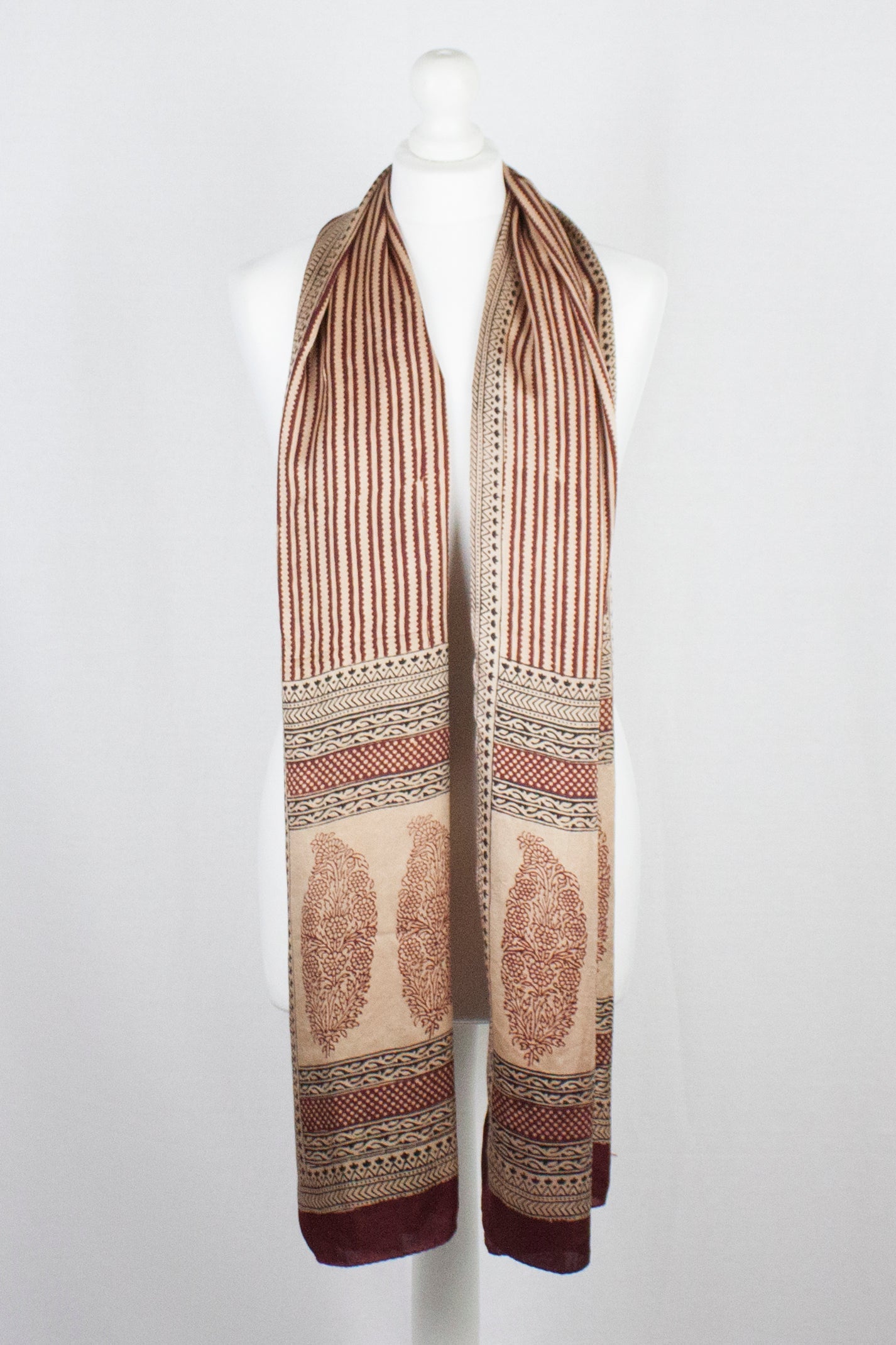 Edgy Stripes Print Bagh Hand-block Print Silk Scarf - Red