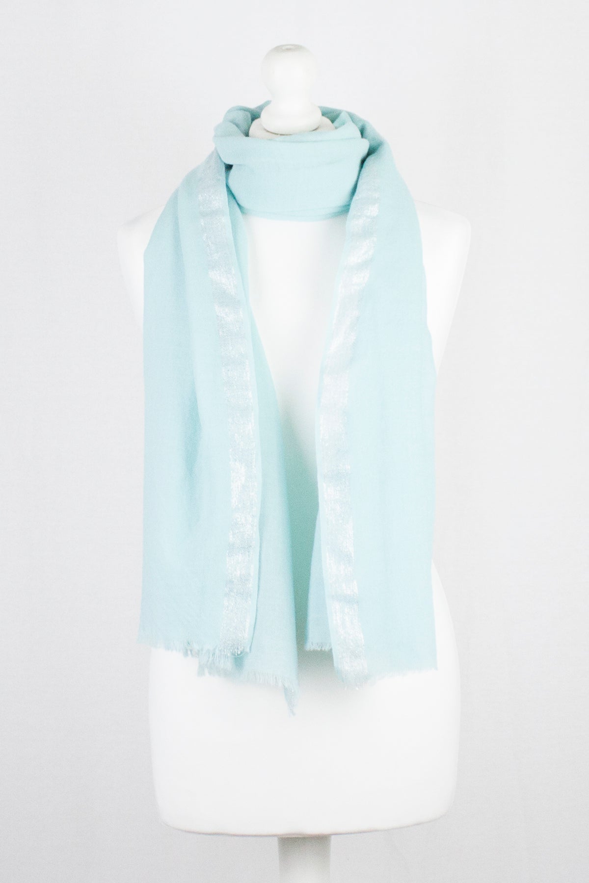 Twill Weave with Silver Lurex Border Merino Wool Scarf - Mint Green