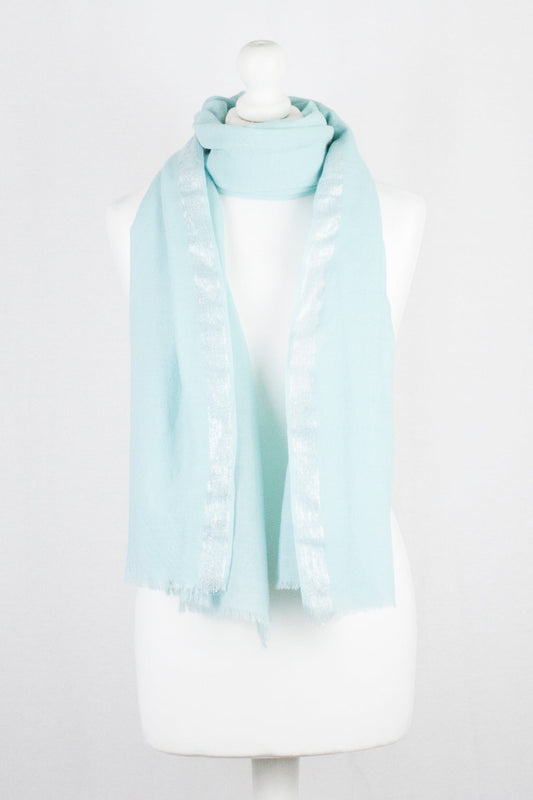 Twill Weave with Silver Lurex Border Merino Wool Scarf - Mint Green