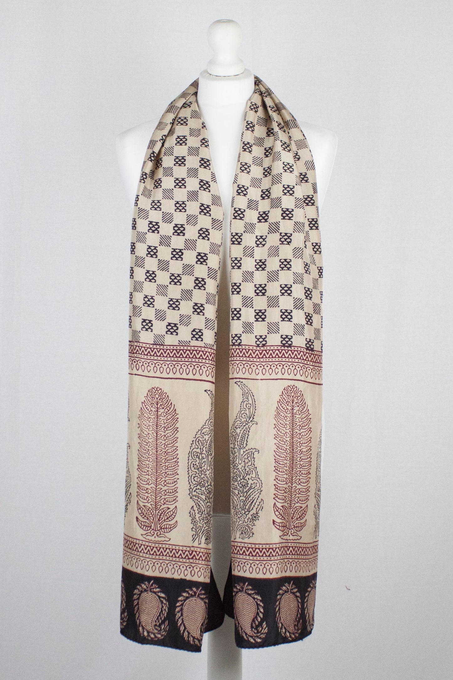 Checks Mesh Bagh Hand-block Print Silk Scarf - Black