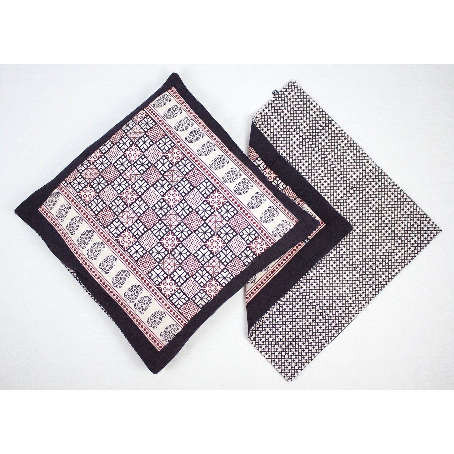 Checks Mix & Diamond Bagh Hand Block Print Cotton Cushion Cover - White Black Red