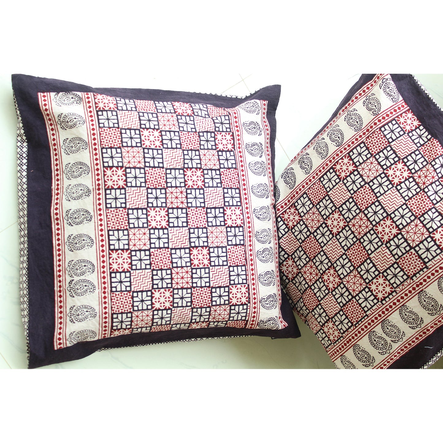 Checks Mix & Diamond Bagh Hand Block Print Cotton Cushion Cover - White Black Red