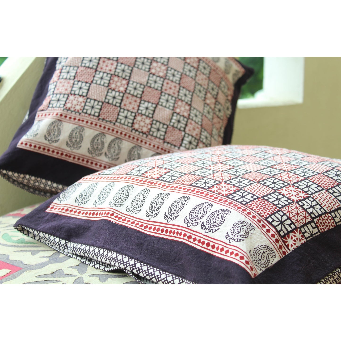 Checks Mix & Diamond Bagh Hand Block Print Cotton Cushion Cover - White Black Red