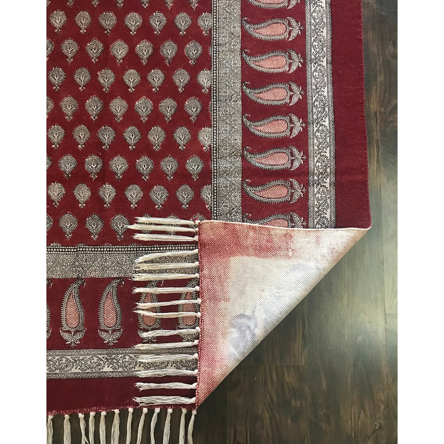 Traditional Paisley Jaal & Border Hand-block Print Rug - Red White