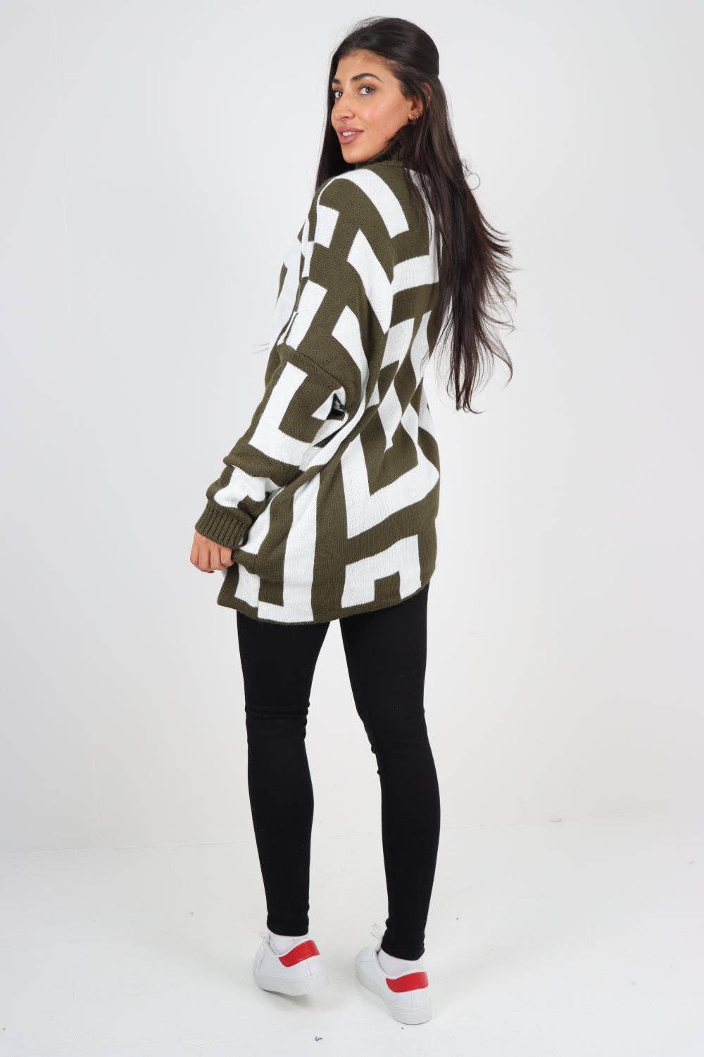 Italian High Neck Fendi Print Knitted Jumper: Khaki / One Size To Fit UK 8-24