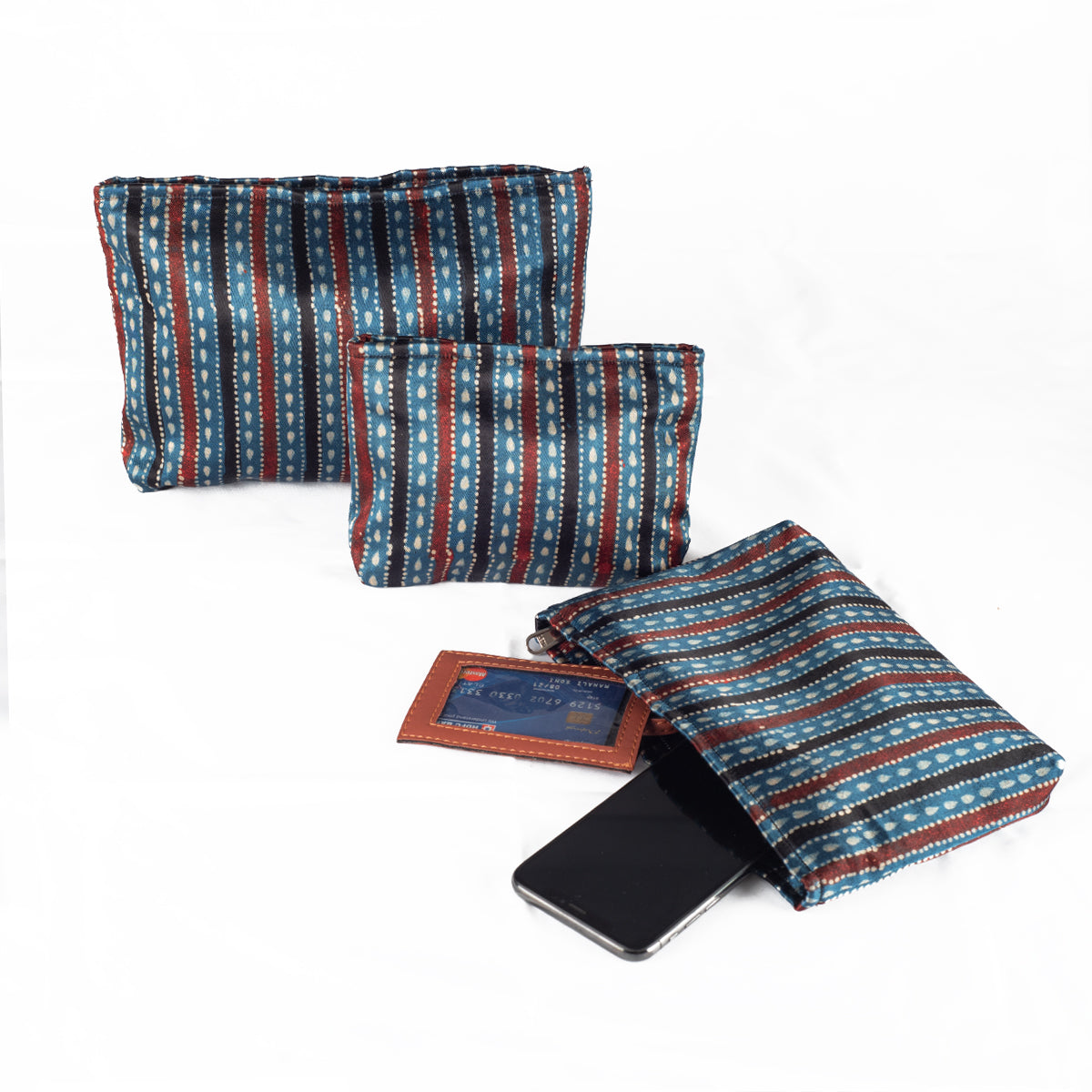 Ajrakh Hand-block Print Pouch Set of 3 - Blue Black Stripes