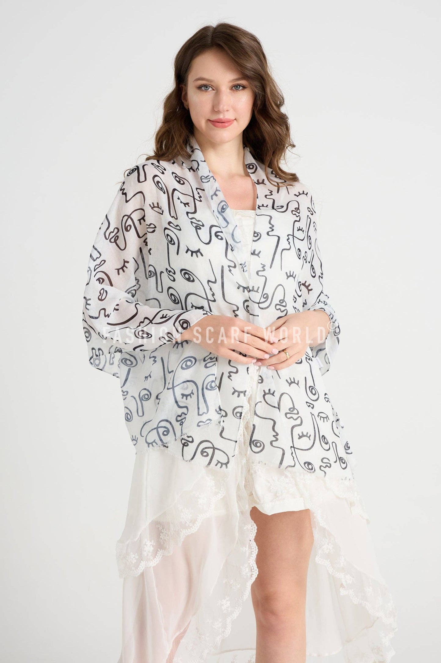 Abstract Face Print Frayed Scarf: White