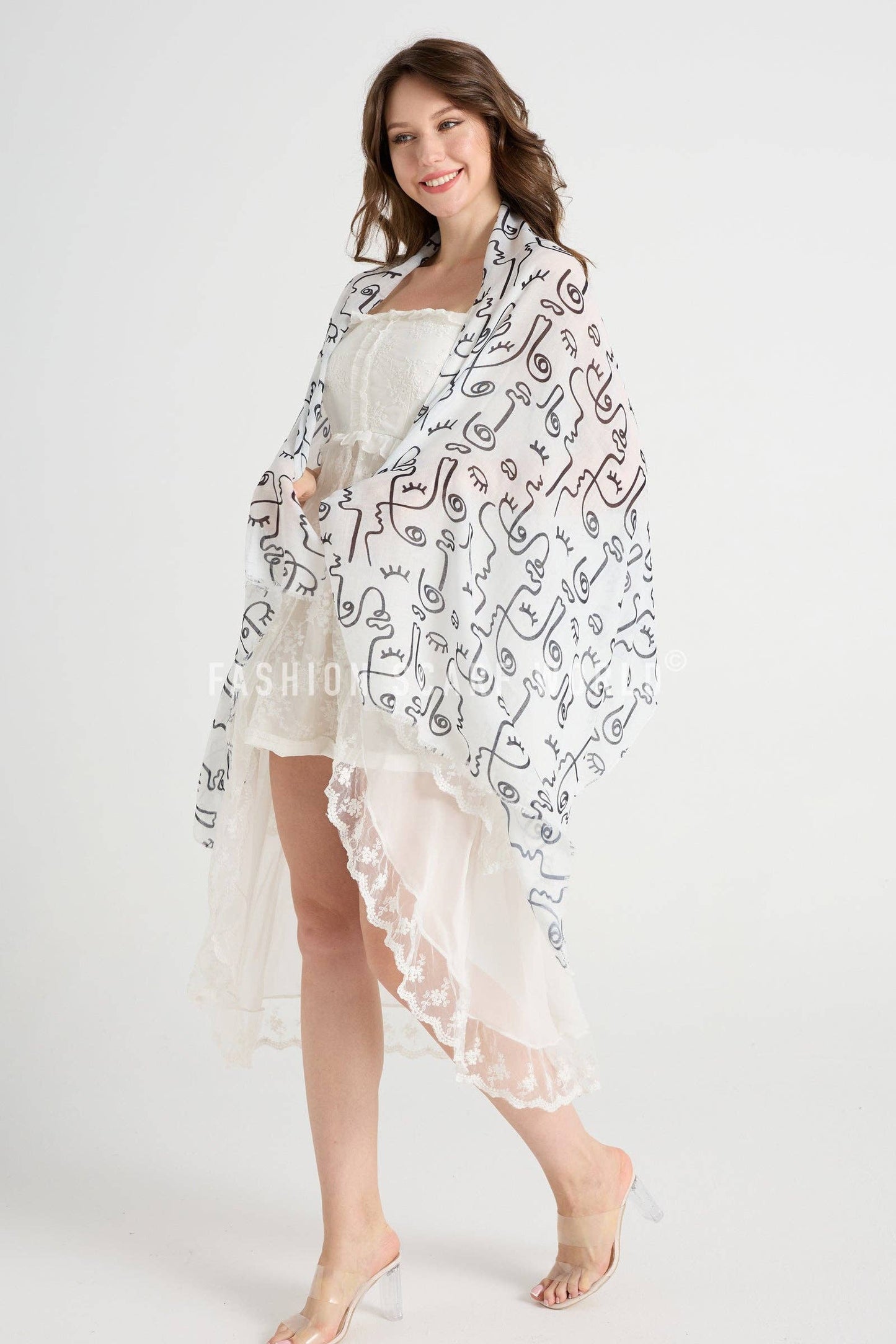 Abstract Face Print Frayed Scarf: White