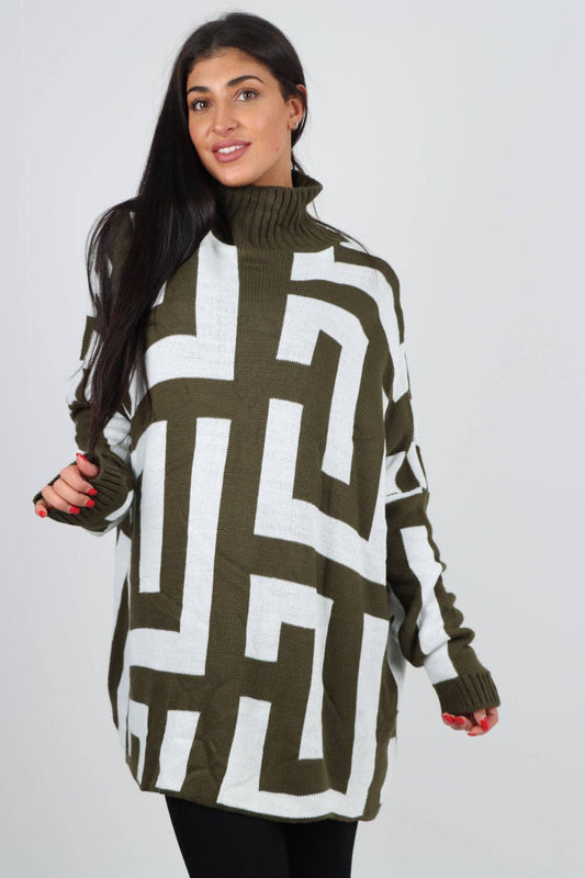 Italian High Neck Fendi Print Knitted Jumper: Khaki / One Size To Fit UK 8-24