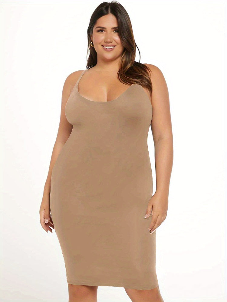 [3 Pack Plus Size Cami Dress] 3 Pack Plus Size Basic Dress Set, Women's Plus Solid Round Neck Medium Stretch Slim Fit Cami Dress Three Piece Set