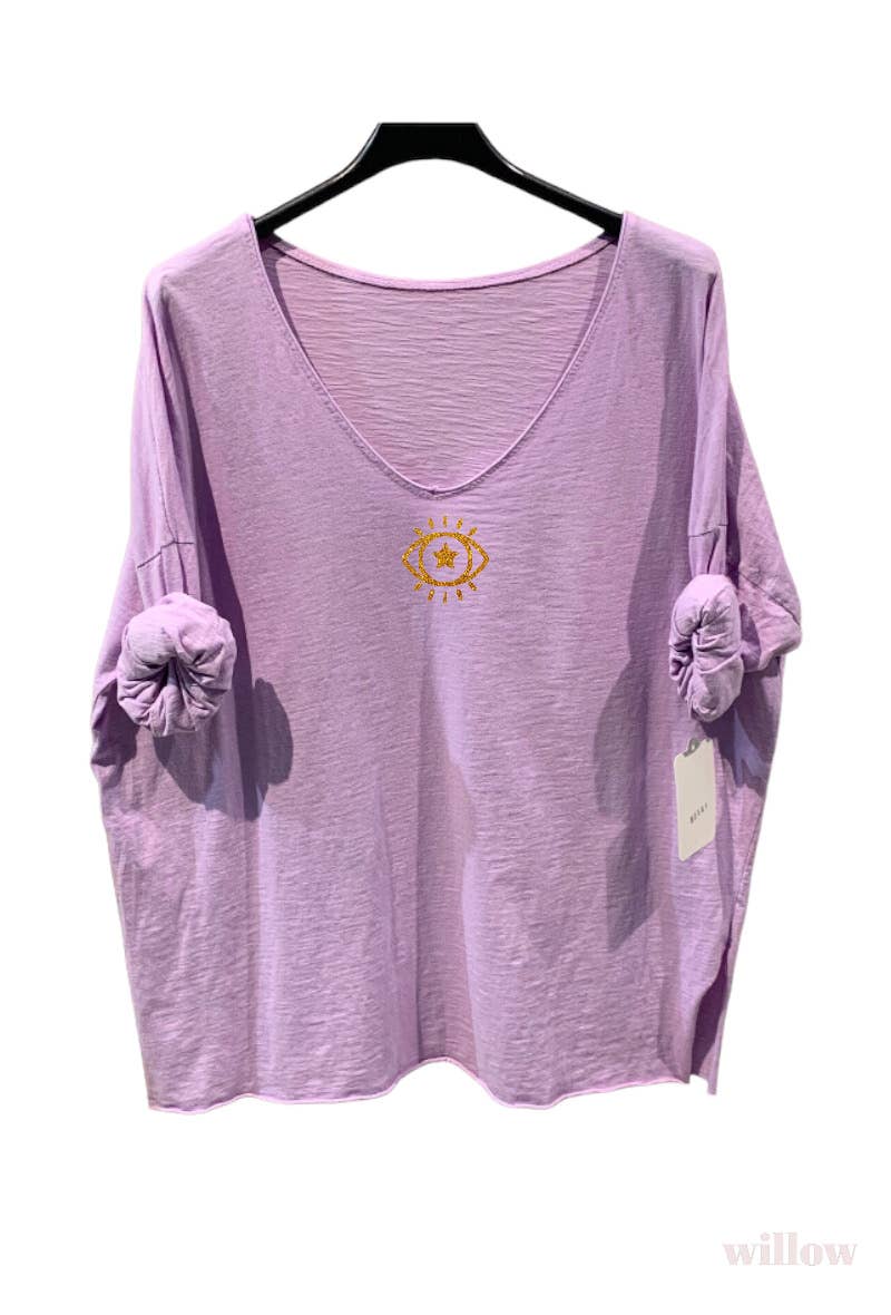 Plain cotton top with long sleeves eye logo: Beige