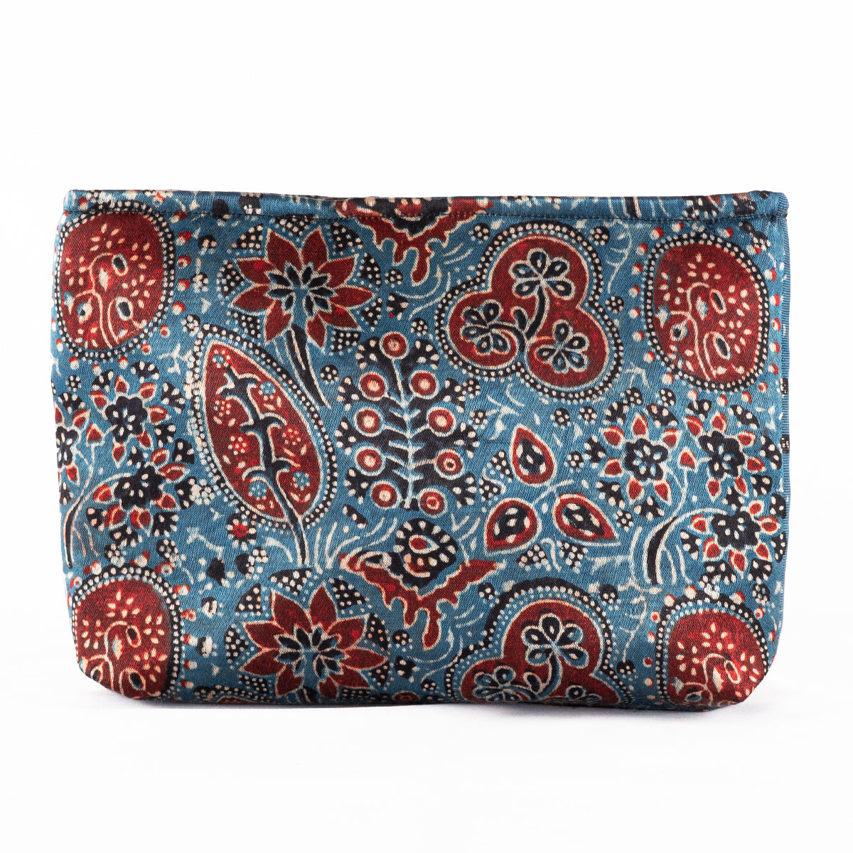 Hand-block Print Silk Travel Case Set of 3 - Blue Red Black Floral