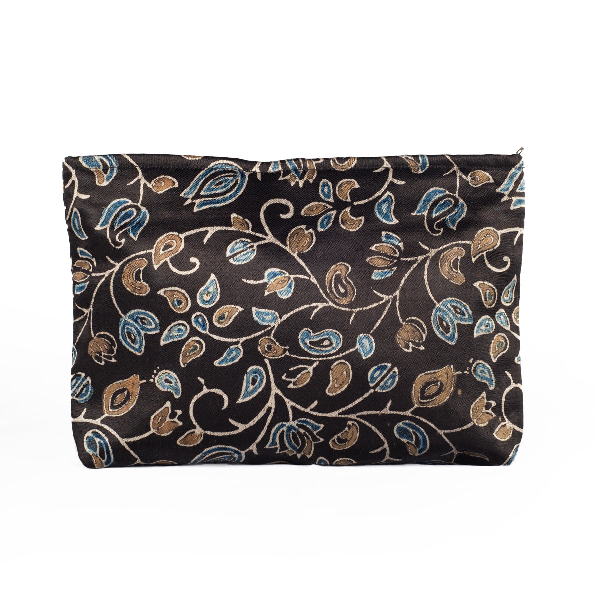 Ajrakh Hand-block Print Silk Travel Case - Set of 3 - Black Gold Blue Floral Vine