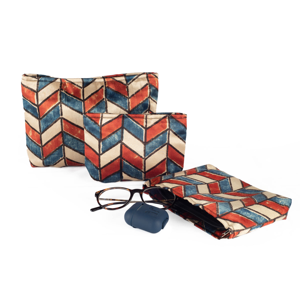 Ajrakh Hand-block Print Silk Travel Case - Set of 3 - Off-white Red Blue Chevron