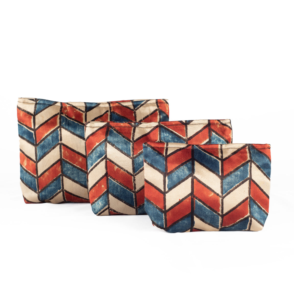 Ajrakh Hand-block Print Silk Travel Case - Set of 3 - Off-white Red Blue Chevron