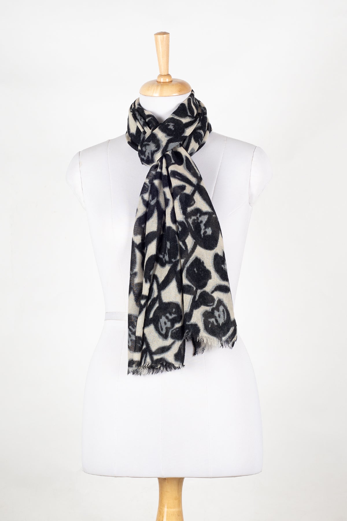 Buds and Flowers Merino Wool Scarf - Black White