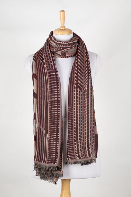 Geometric Abstract Jacquard Merino Wool Scarf - Maroon