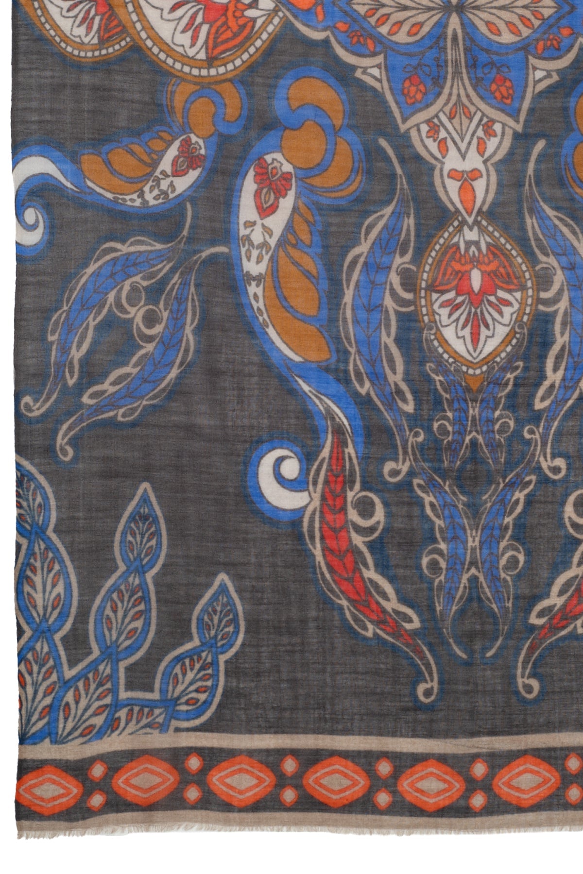 Indian Floral & Leaf Fine Wool Scarf – Grey Multicolour